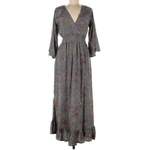 Paani Womens Blue Gold Paisley Smocked Waist Ruffle Maxi Dress 3/4 Bell Sleeve S